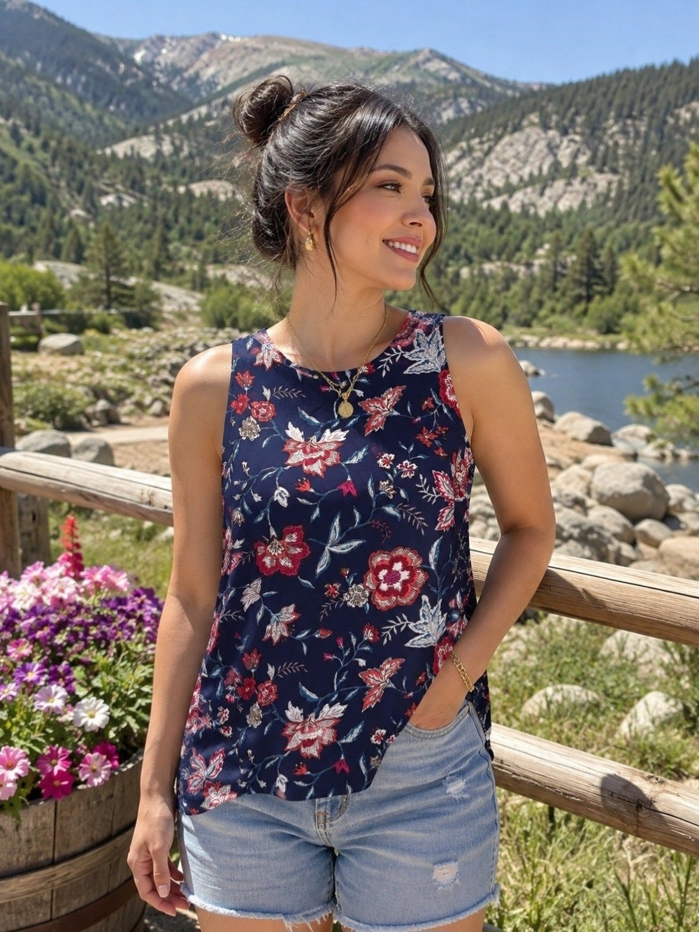 Old Navy Navy Floral Sleeveless Tank Top with Red and Cream Blooms